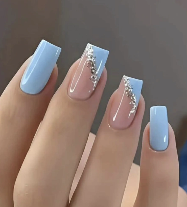 Powder Blue Square Nails with Silver Floral Accent