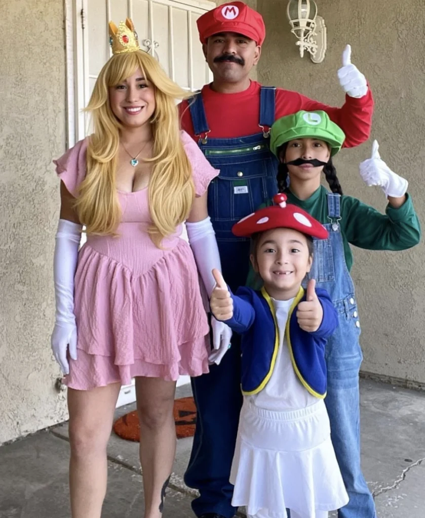 Princess Peach Costume + Mario Outfit + Luigi Costume + Toad Hat