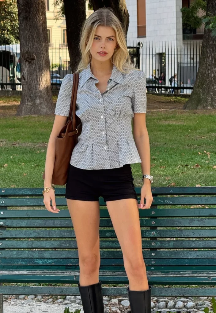 Printed Peplum Blouse + Black Micro Shorts + Black Knee-High Boots