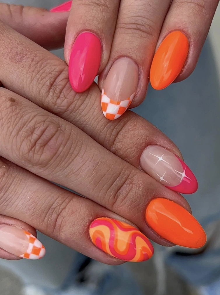 Psychedelic Pop Art Nails: Hot Pink and Bright Orange Accents