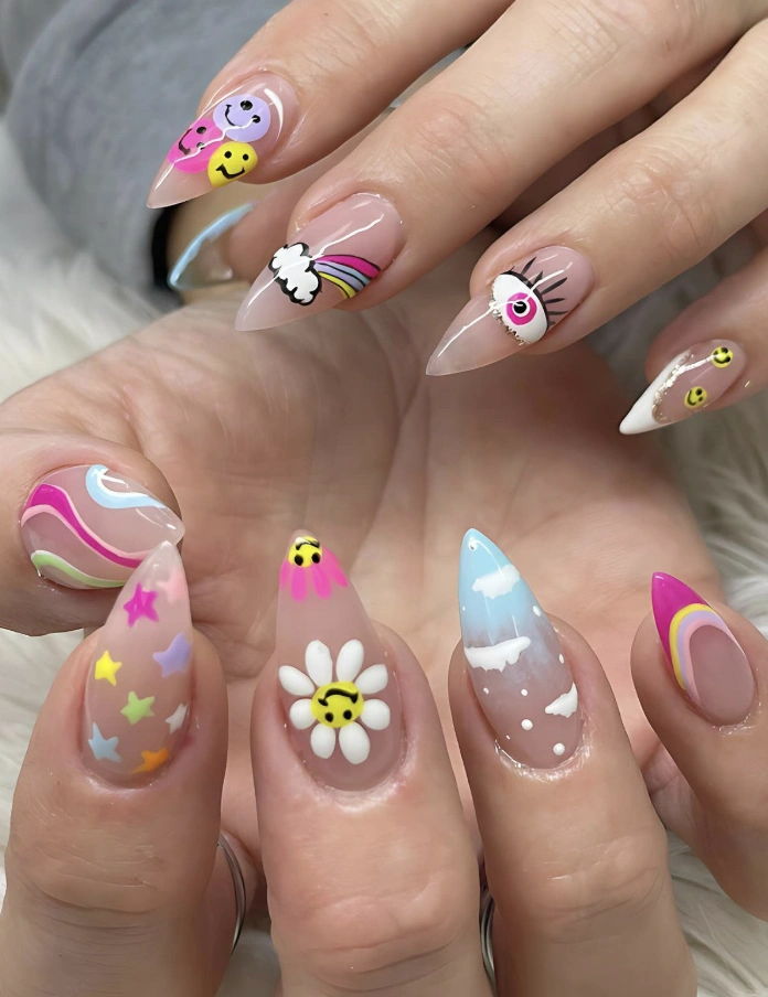 Psychedelic Stiletto Nails with 3D Embellishments