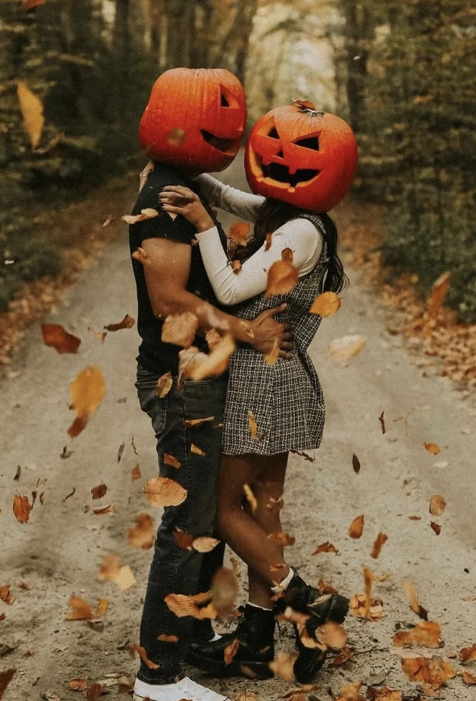 Pumpkin Head Couples Costume + Plaid Mini Dress + Casual Black Jeans + Statement Boots