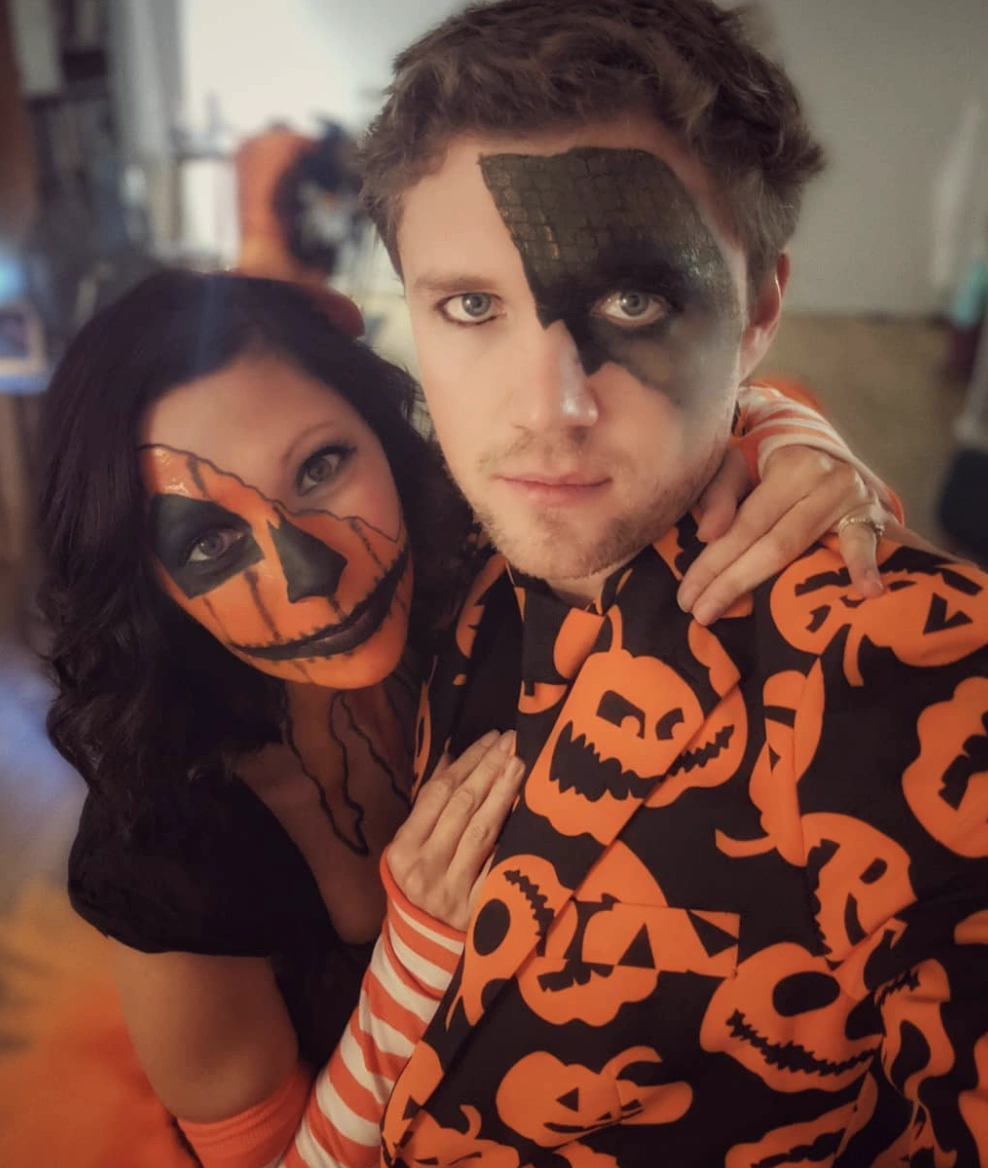 Pumpkin Print Suit + Black Dress + Orange Striped Sleeves + Spooky Face Paint