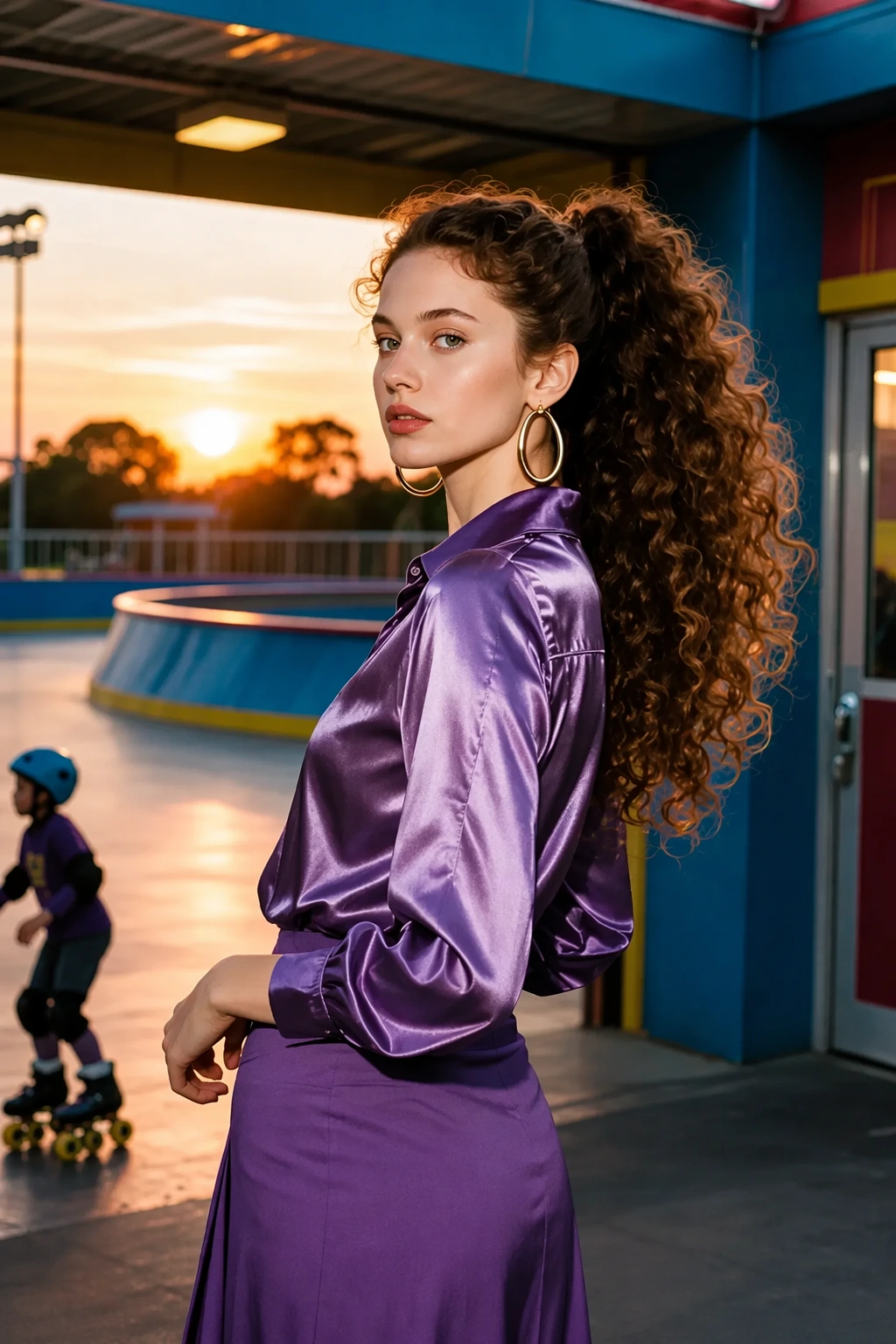 Purple Satin Blouse + Matching A-Line Skirt + Gold Hoop Earrings