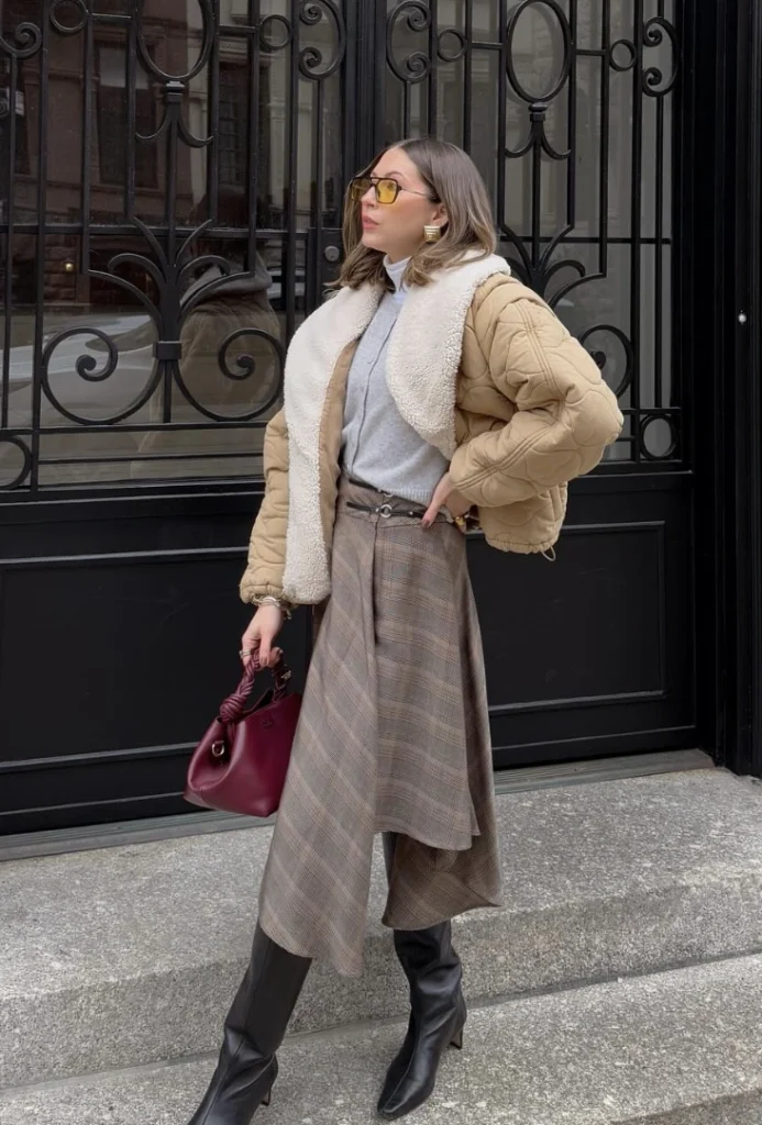Quilted Jacket + Turtleneck + Plaid Culottes + Knee High Boots
