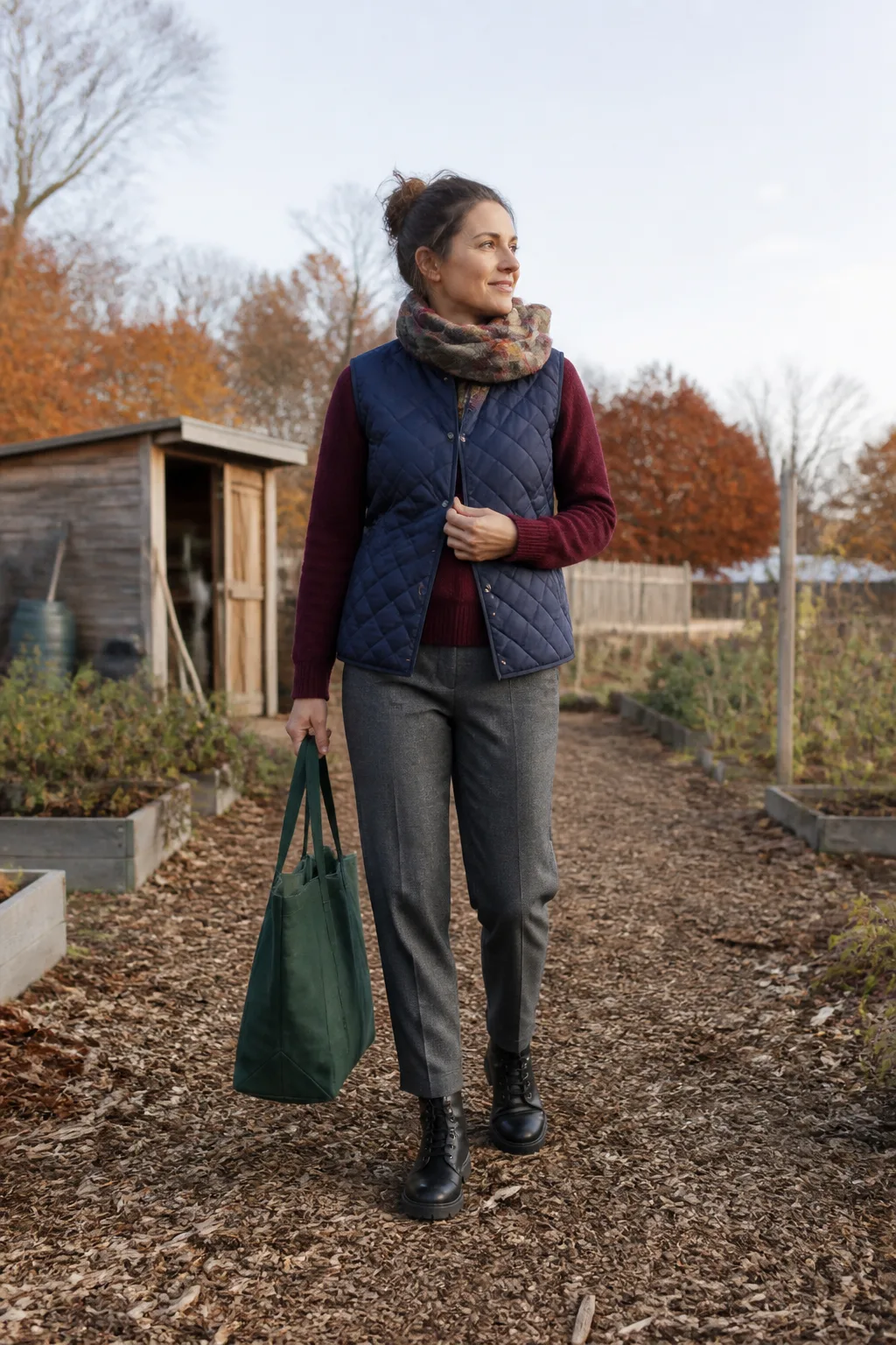 Quilted Vest, Burgundy Knit and Lug-Sole Boots