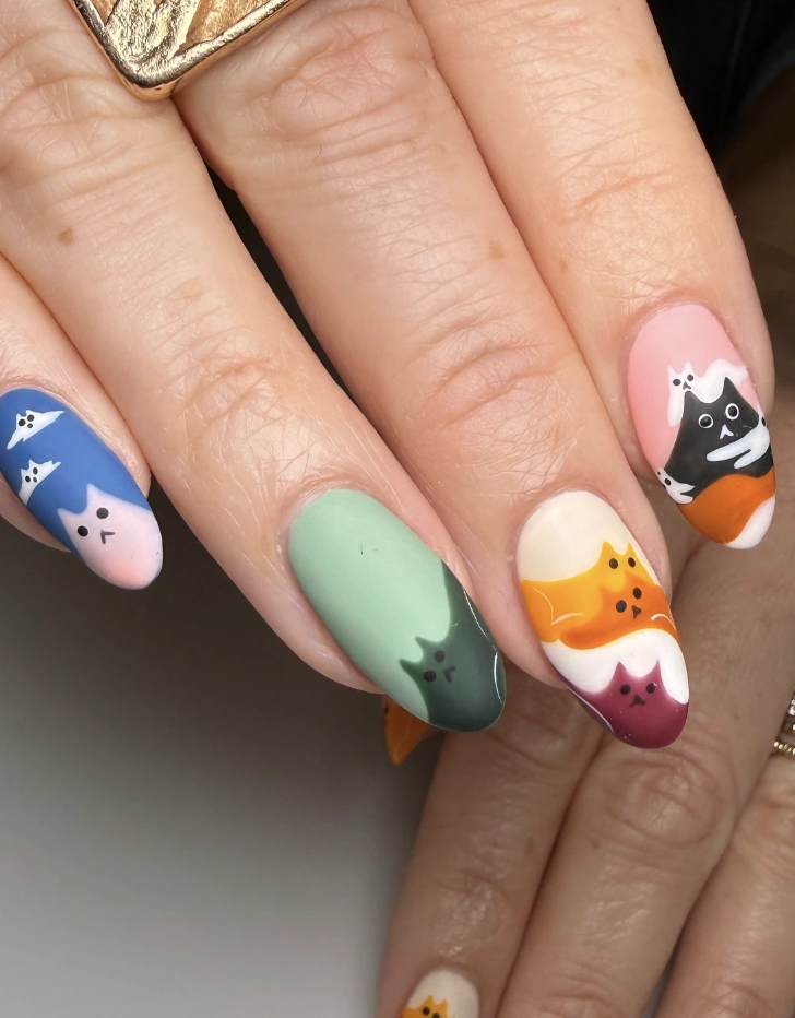 Quirky Cat Stack Nail Art on Almond Shaped Nails