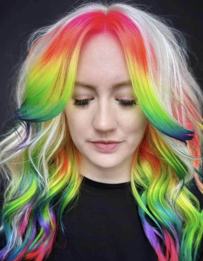 Rainbow Melt on Platinum Silver Hair with Face-Framing Layers
