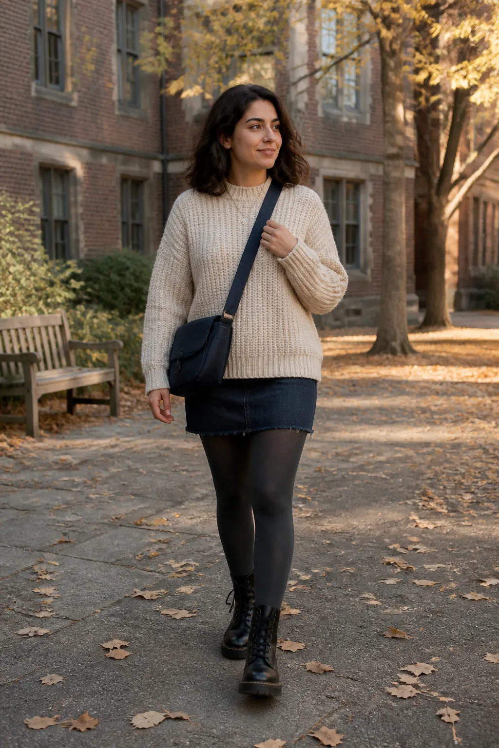 Raw-Hem Denim Mini Skirt with Fisherman Sweater