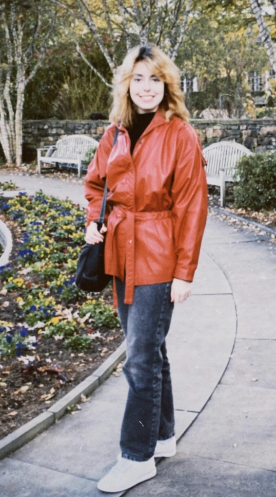 Red Belted Jacket + Dark Wash Jeans + White Sneakers