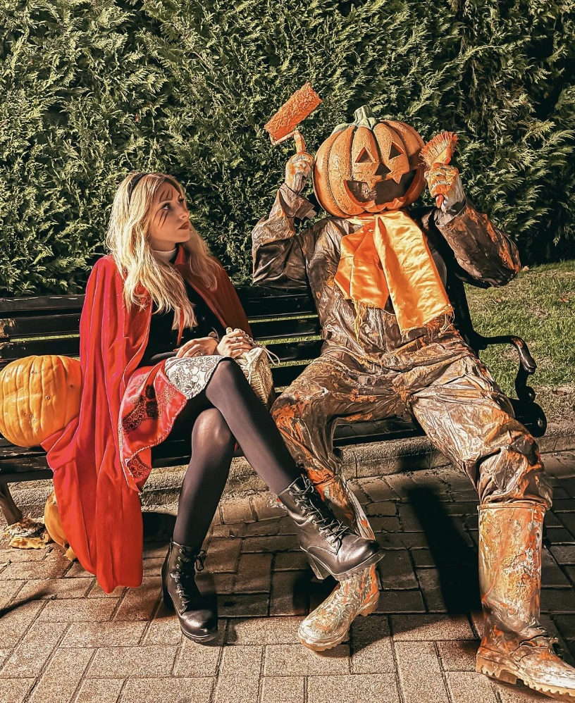 Red Cape + Black Tights + Black Ankle Boots + Pumpkin Costume + Orange Bow Tie + Paint Roller