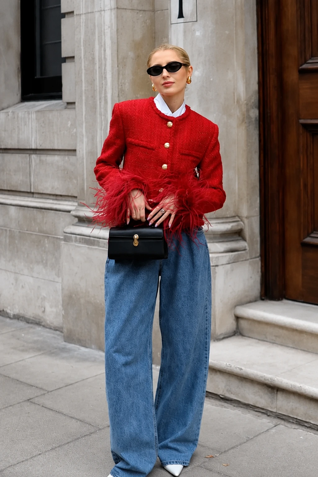 Red Feather-Trim Tweed Jacket + Blue Wide-Leg Jeans