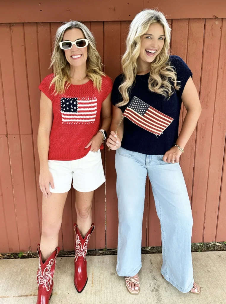Red Flag Graphic Tee + White Denim Shorts + Red Cowboy Boots + Blue Wide-Leg Jeans + Strappy Sandals