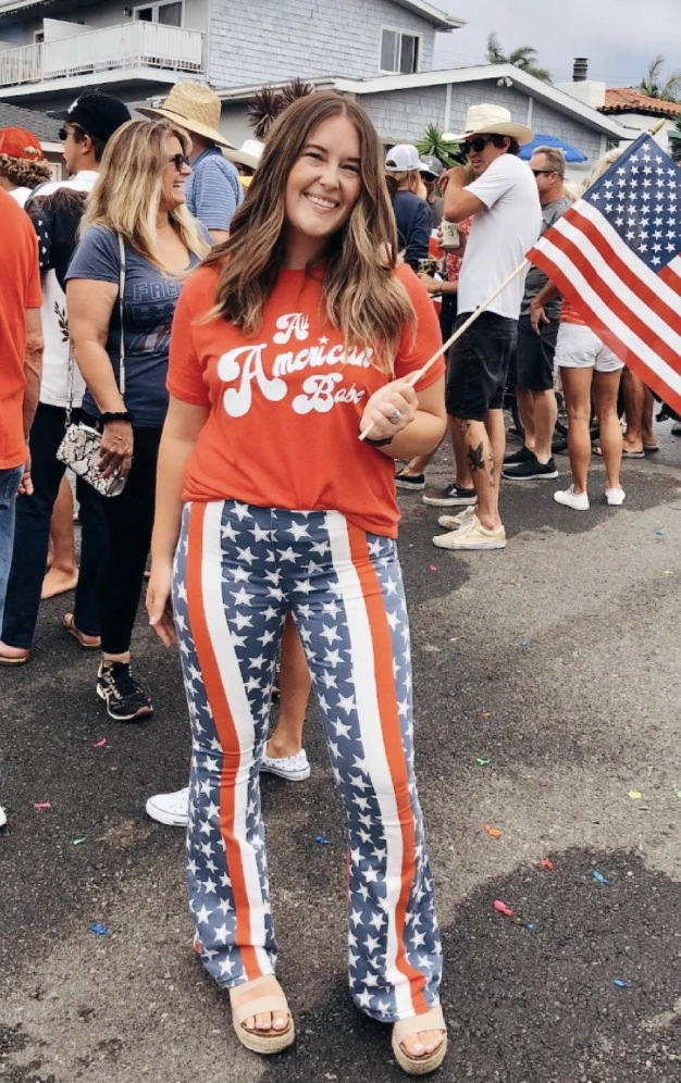 Red Graphic Tee + Star-Spangled Bell Bottoms + Tan Platform Sandals