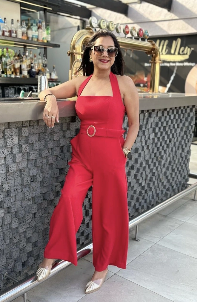 Red Halter Jumpsuit + Gold Belt + Pointed Mules