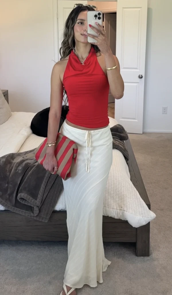 Red Halter Top + Cream Maxi Skirt + Striped Clutch + White Strappy Sandals