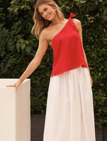 Red One-Shoulder Summer Crop Tops + Flowing White Maxi Skirt