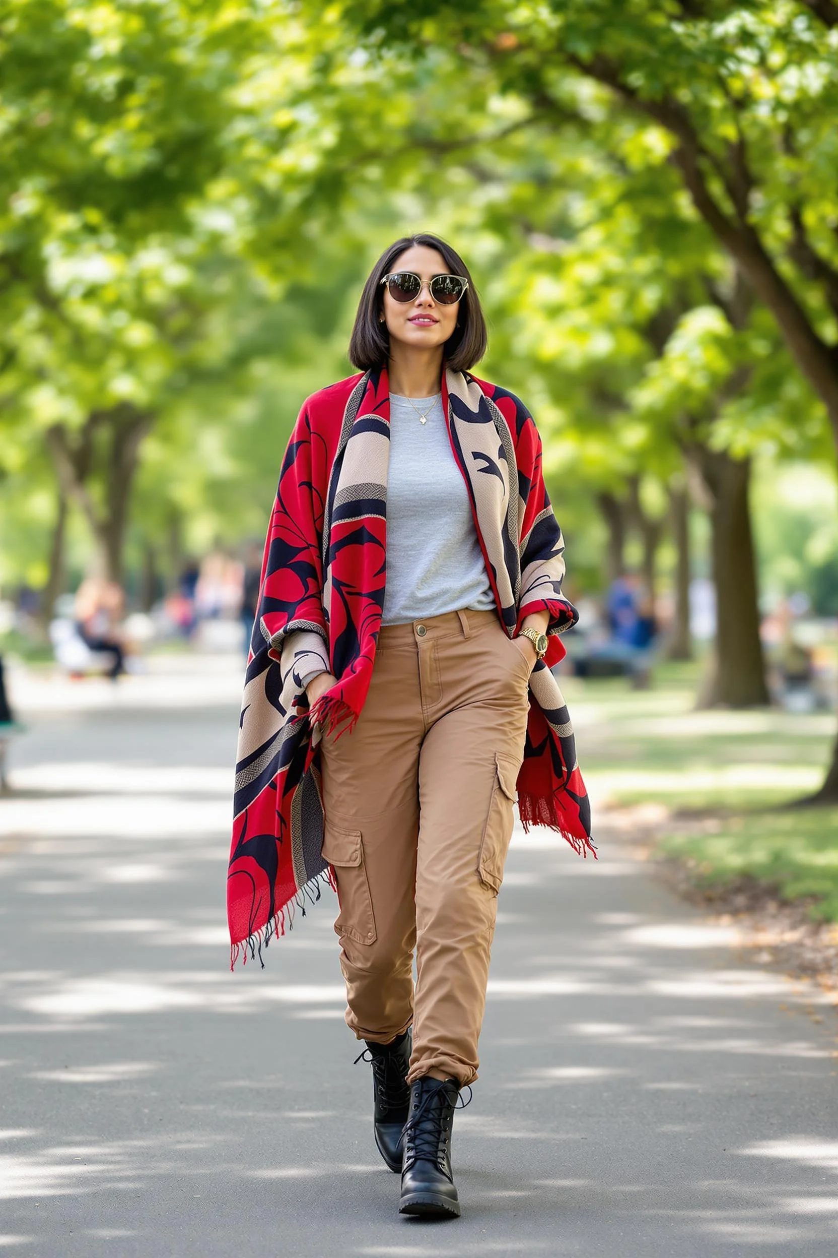 Red Patterned Shawl + Cargo Pants