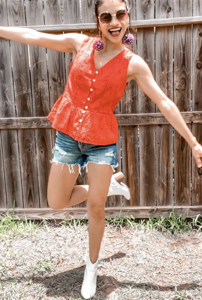Red Peplum Top + Distressed Denim Shorts + White Ankle Booties