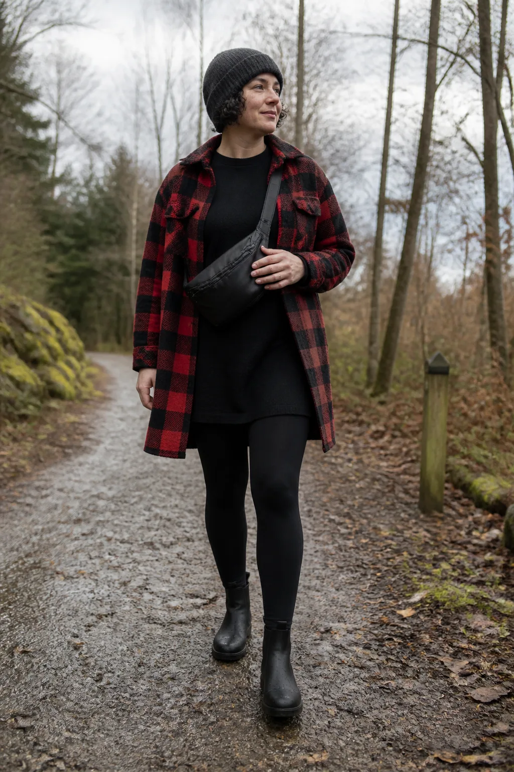 Red Plaid Shacket with Black Leggings