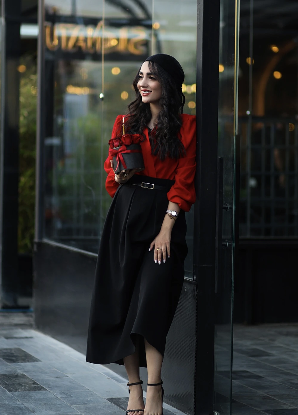 Red Puff-Sleeve Blouse + Black Midi Skirt + Black Ankle-Strap Heels