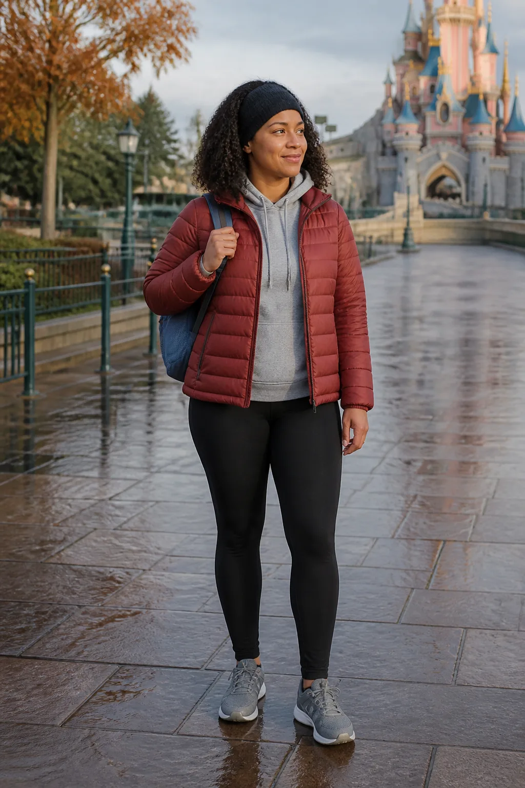 Red Puffer Jacket, Gray Hoodie and Leggings