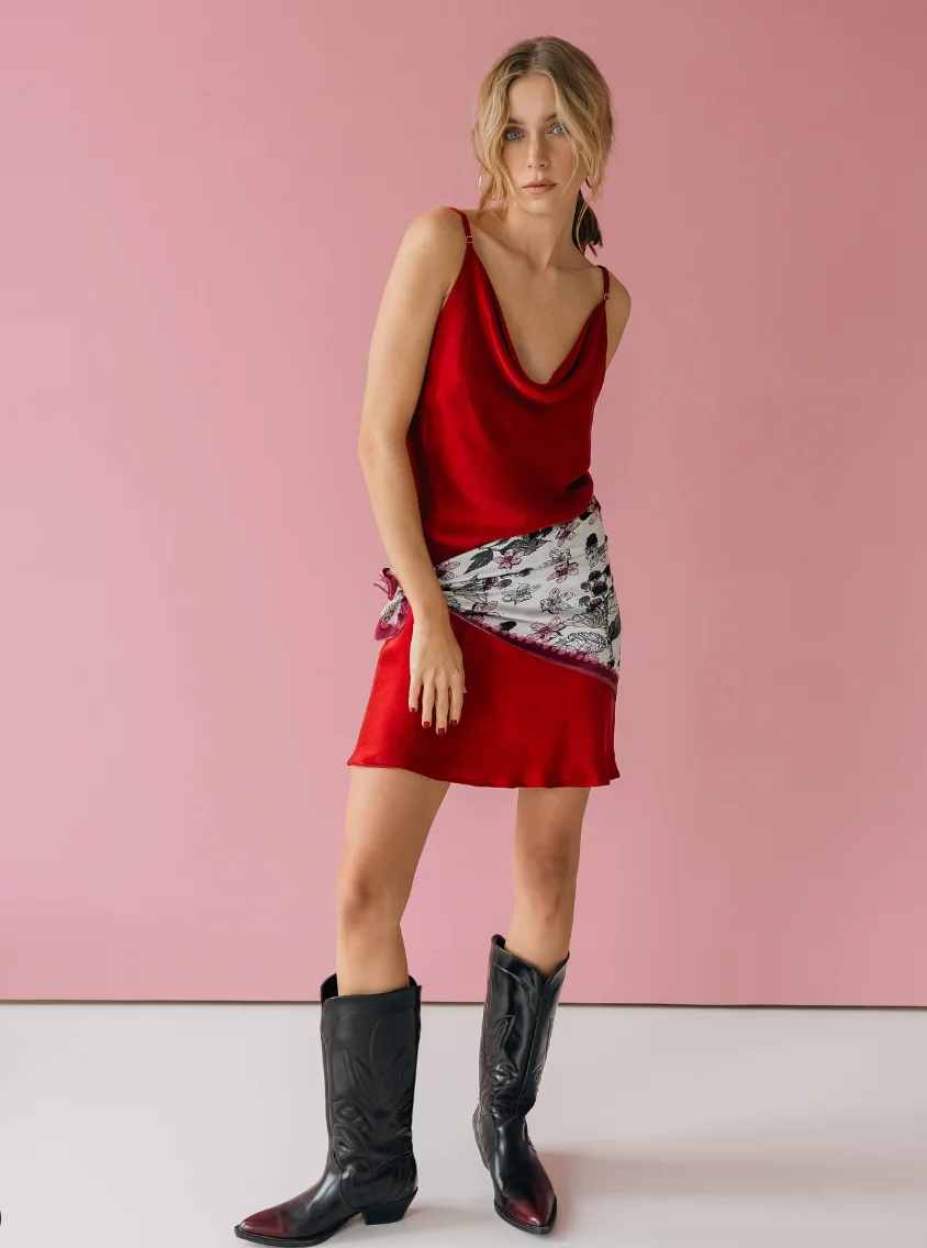Red Satin Cowl Neck Mini Dress with Printed Scarf and Black Cowboy Boots