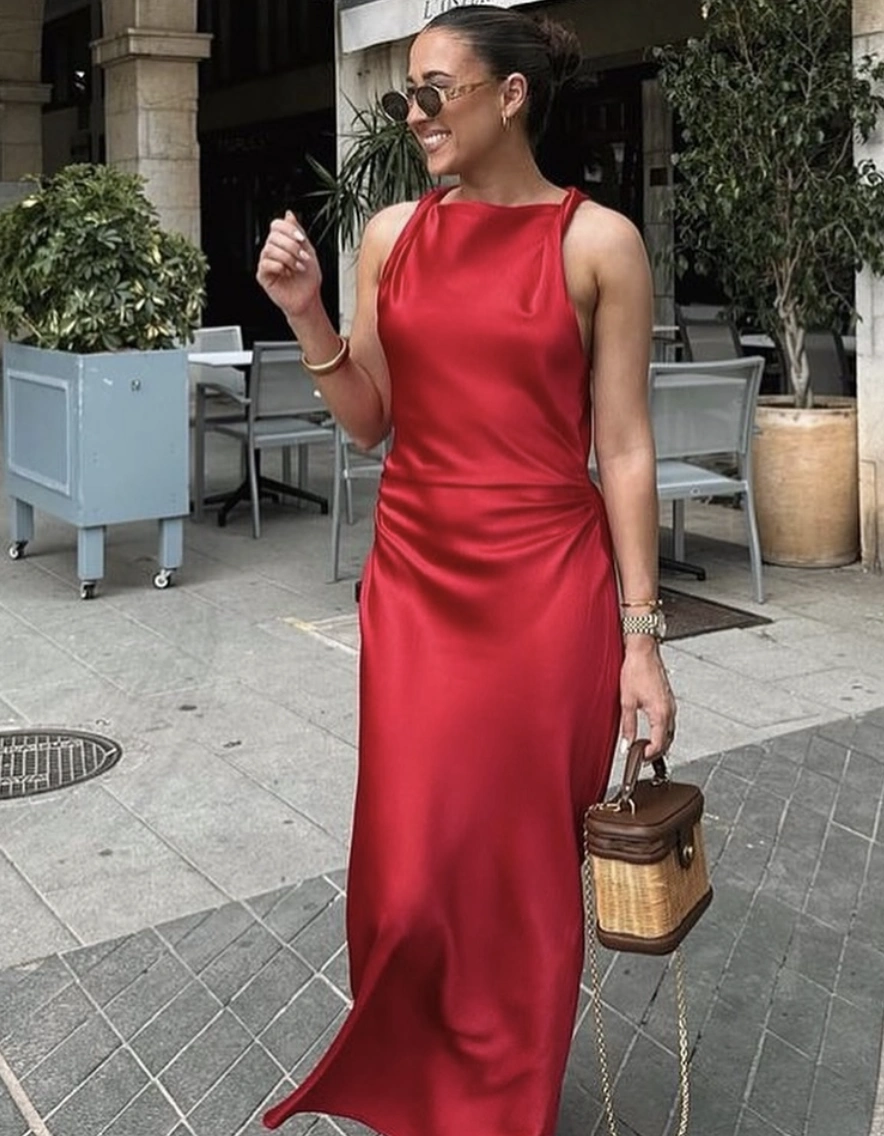 Red Satin Evening Dress + Gold Bangle Bracelet + Brown Woven Handbag