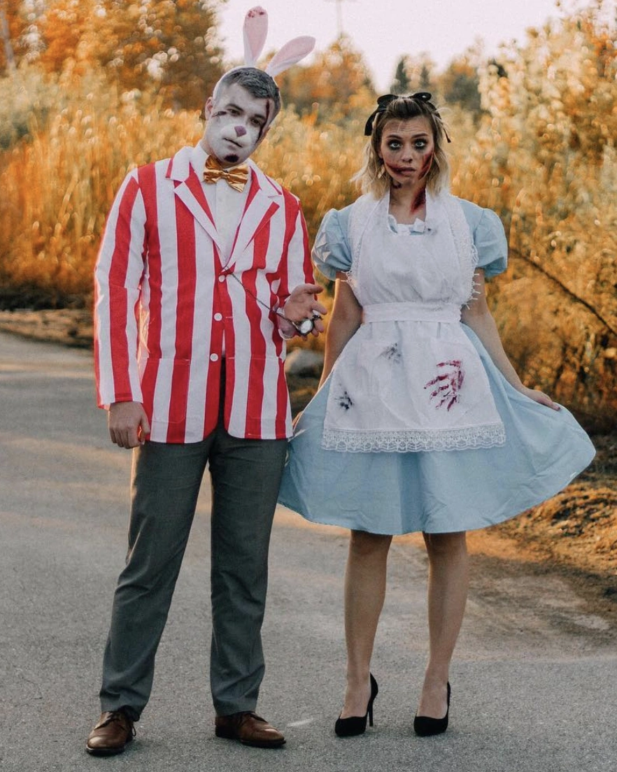 Red Striped Blazer + White Bow Tie + Bunny Ears + Blue Dress + White Apron + Scuffed Makeup