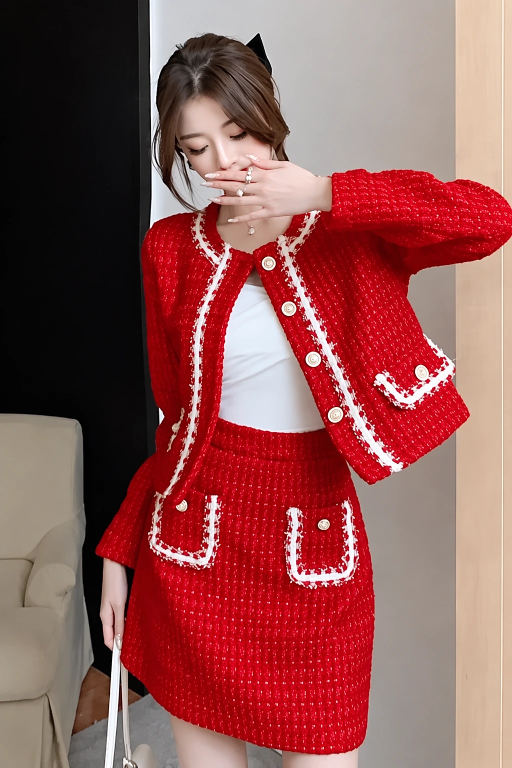 Red Tweed Cropped Jacket + Red Tweed Mini Skirt + White Fitted Top