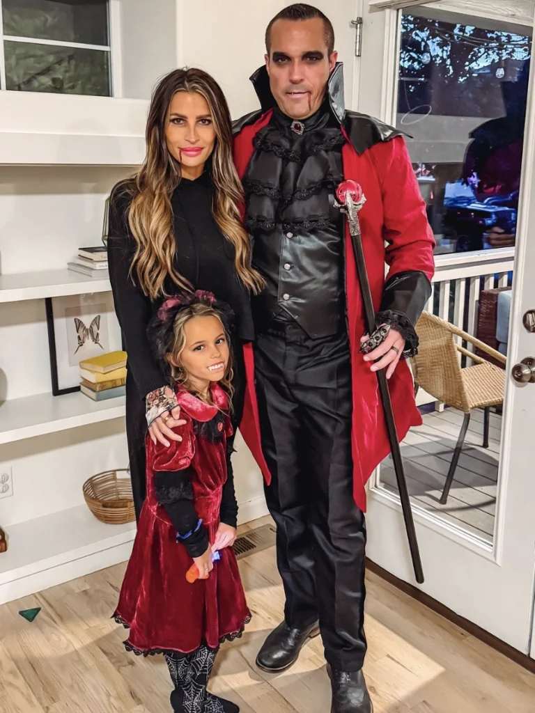 Red Velvet Dress + Vampire Costume + Spider Web Tights + Red Cape + Spooky Makeup