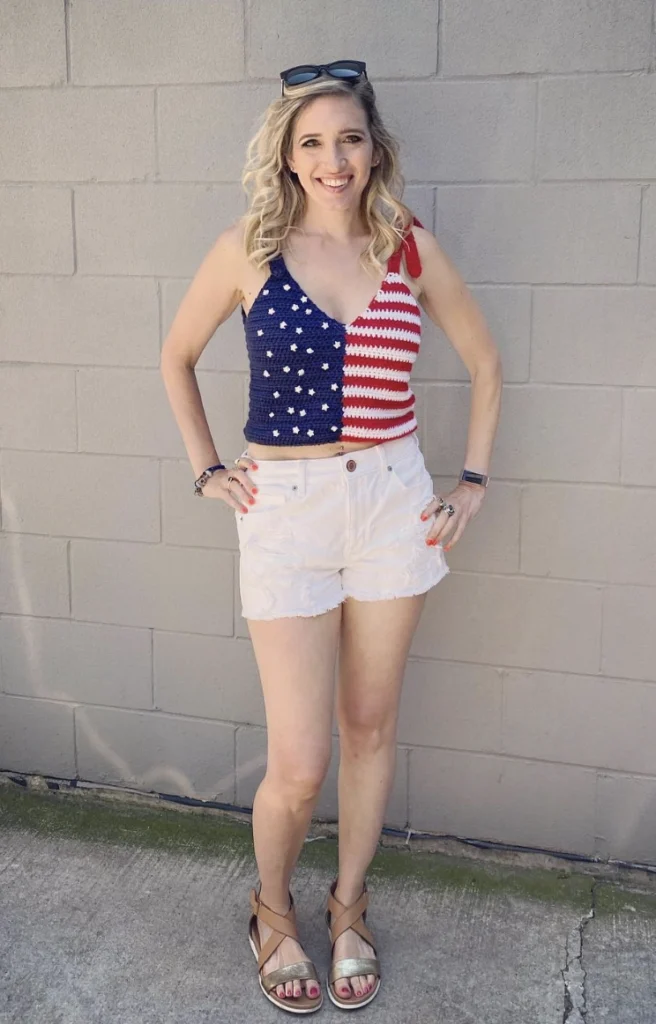 Red White Blue Cropped Tank Top + White Frayed Denim Shorts + Tan Strappy Sandals