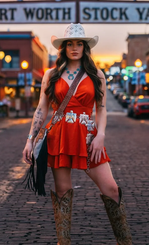 Red Wrap Dress + White Cowboy Hat + Silver Concho Belt + Brown Embroidered Western Boots
