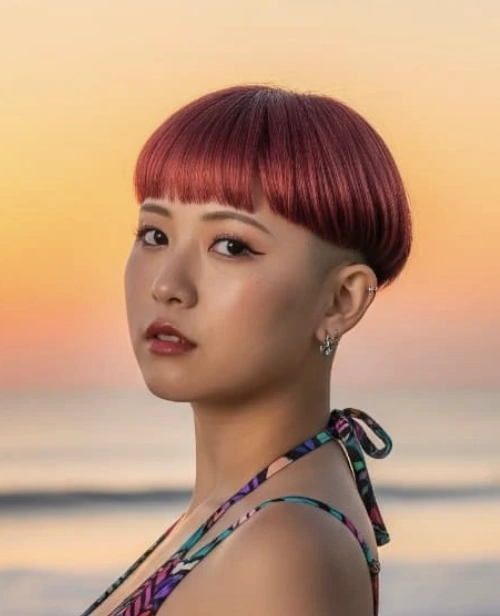 Reddish-Brown Bowl Cut with Skin-Fade Short Hair Undercut
