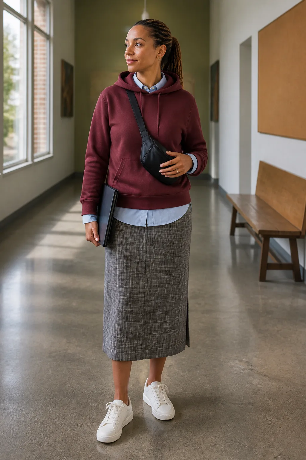 Relaxed Burgundy Hoodie with a Tailored Midi Skirt