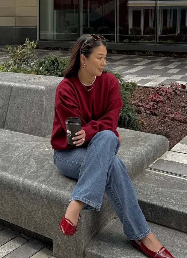 Relaxed Comfort: Burgundy Sweater + Jeans