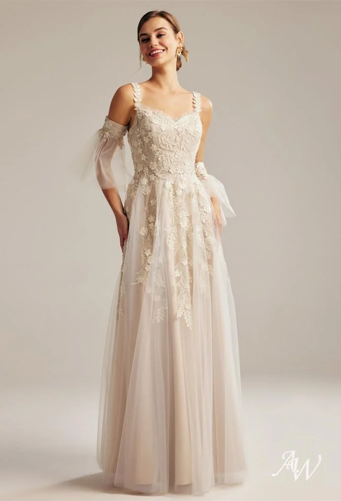 Romantic Floral Appliqué Gown with Sheer Off-Shoulder Sleeves