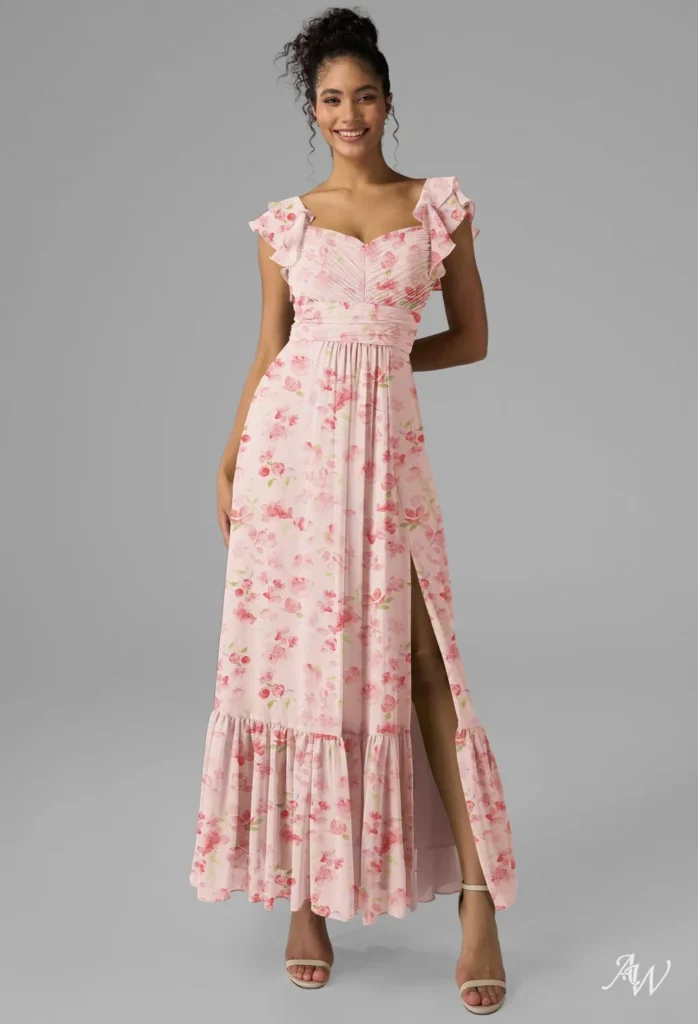 Romantic Pink Floral Ruffle Dress with Cap Sleeves