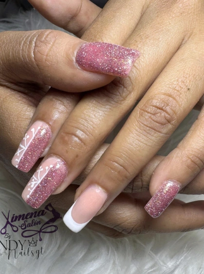 Rose Glitter Square Nails with Snowflake Accent