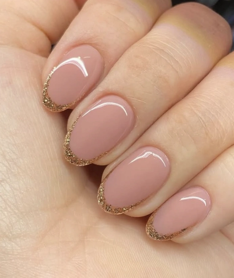 Rosy Nude Nails with Gold Glitter Tips