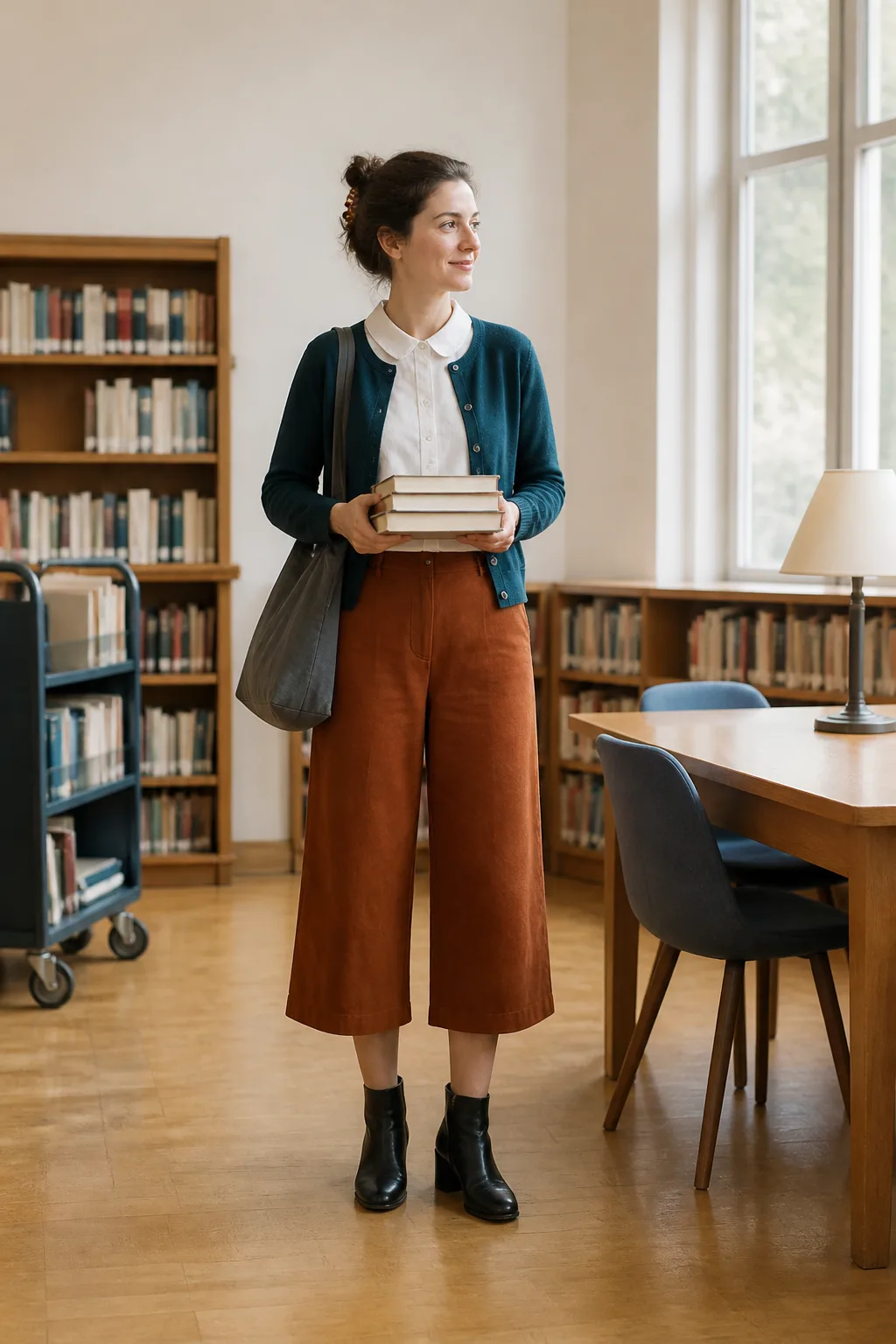 Rust Culottes, White Shirt, and Ankle Boots