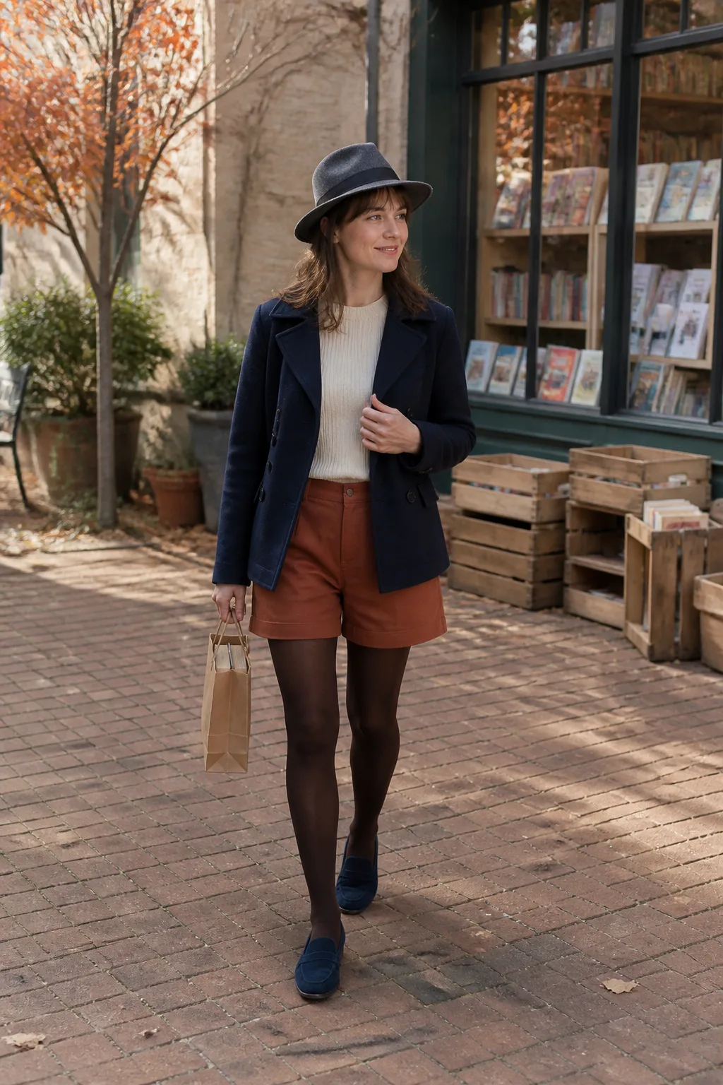 Rust Denim Shorts with a Navy Peacoat Cardigan