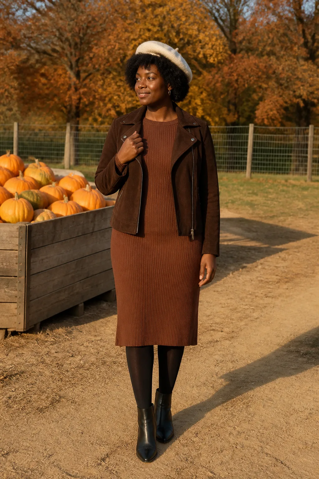 Rust Knit Dress with Suede Moto Jacket