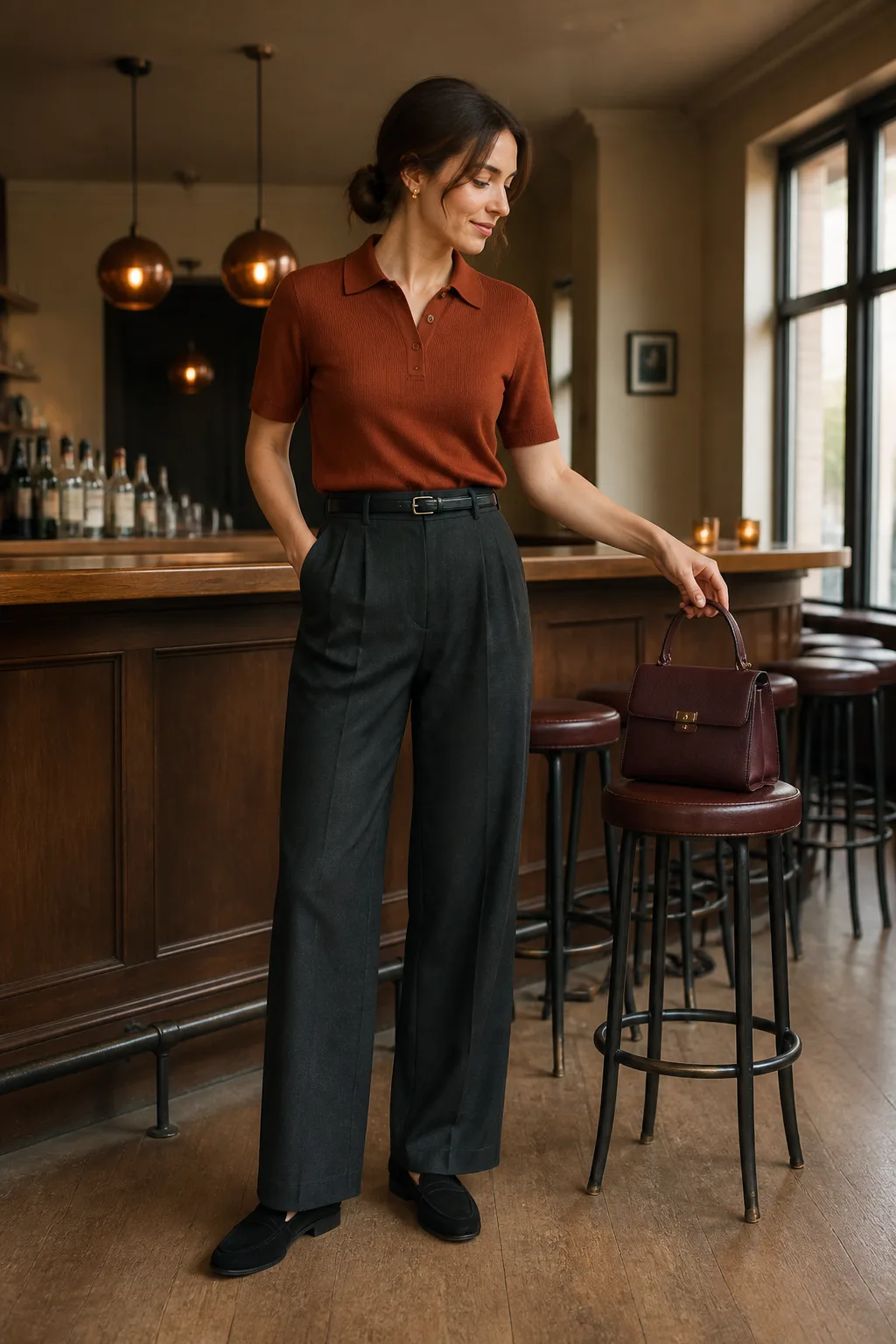 Rust Knit Polo with Charcoal Wide-Leg Trousers