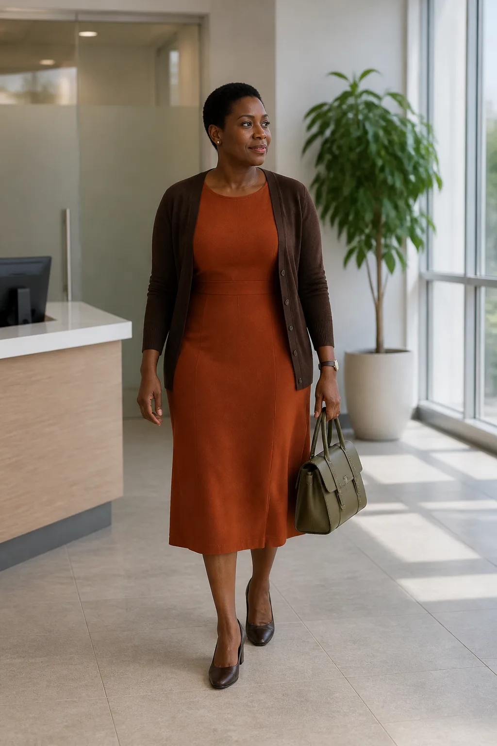 Rust Midi Dress with Chocolate Cardigan