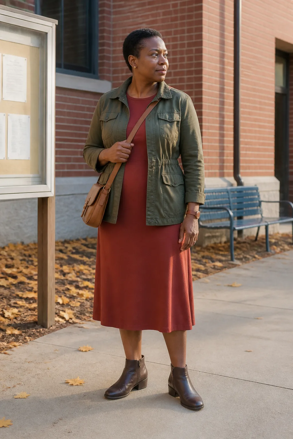 Rust Midi Dress with Olive Utility Jacket