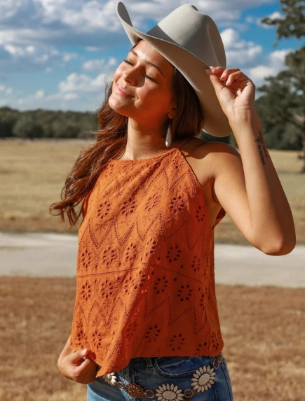 Rust Orange Crochet Summer Top + Denim Cutoff Shorts + Wide Brim Hat