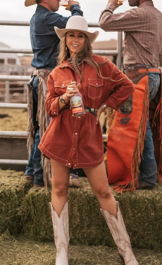 Rust Oversized Shirt Dress + White Cowboy Boots + Light Gray Cowboy Hat