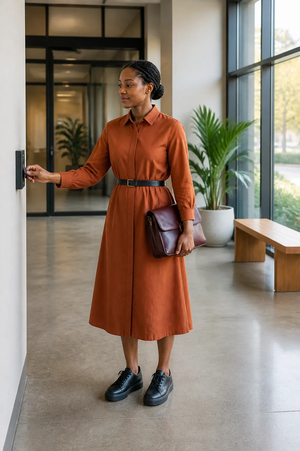 Rust Shirt Dress, Belt, and Black Sneakers