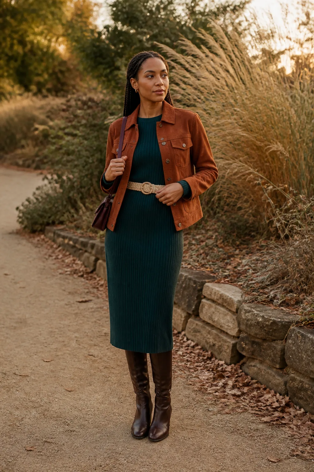 Rust Suede Jacket with a Knit Dress